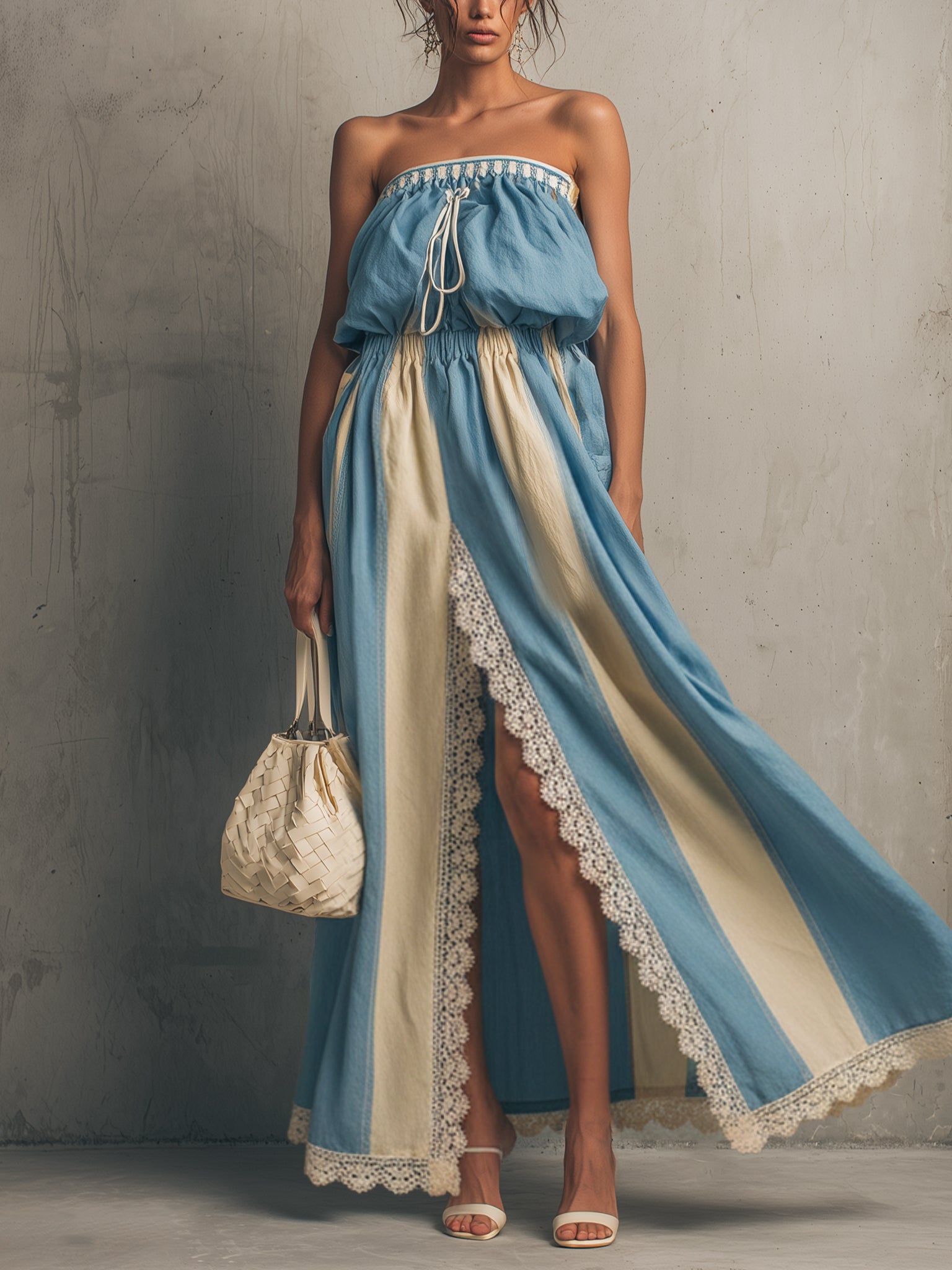 Blue Elastic Smocked Lace Trim Maxi Dress