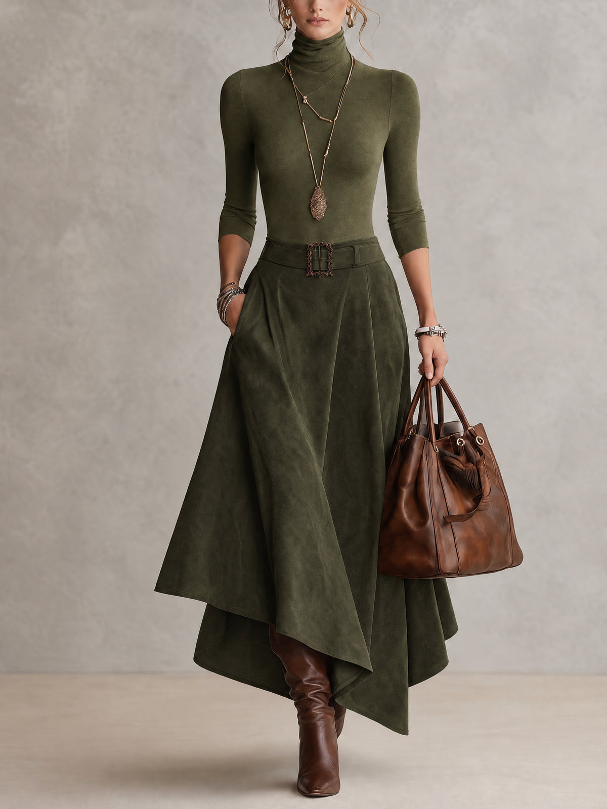 Taupe Stretch Turtleneck Top And Asymmetrical Suede Skirt Set