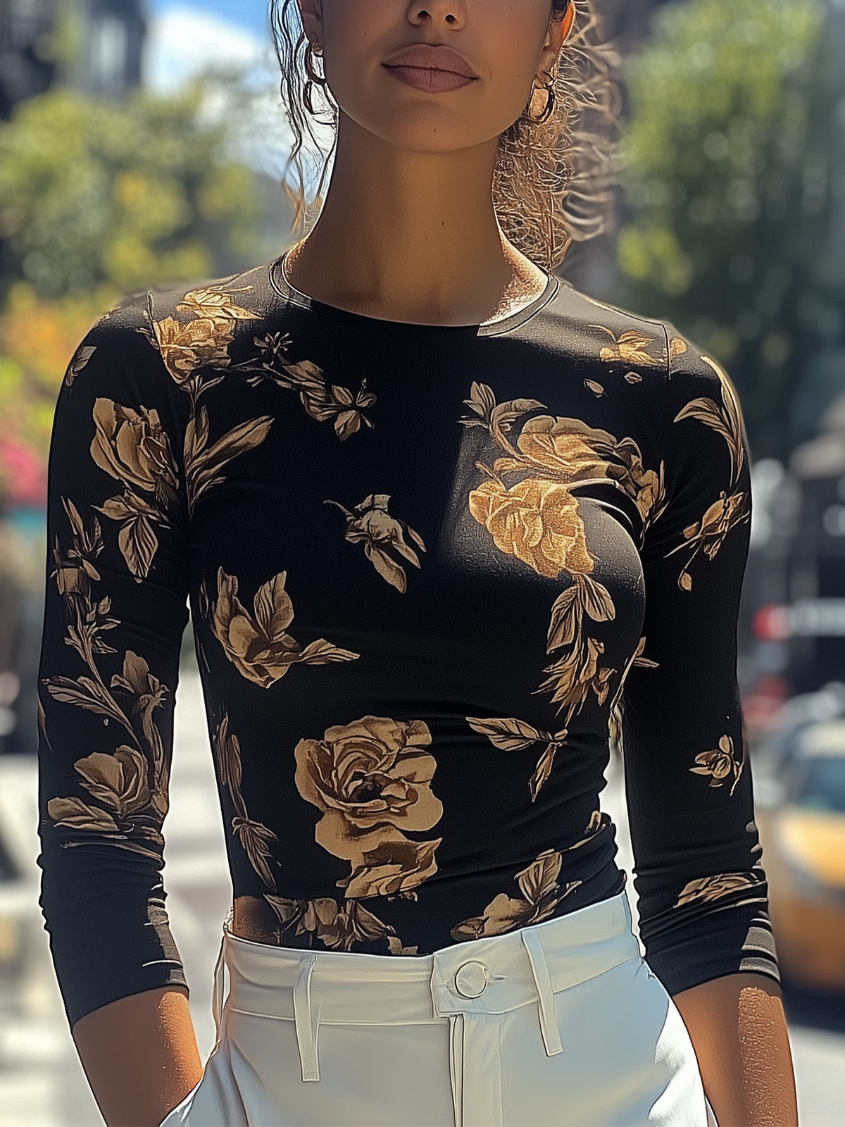 Black Crew Neck Long-Sleeve T-Shirt With Brown Floral Print