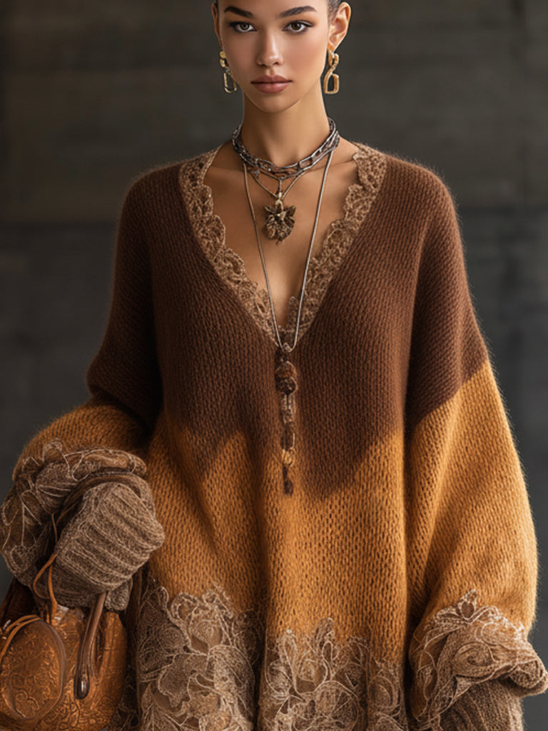 Brown Ombre Knit Lace Oversized Long Sleeve Mini Dress