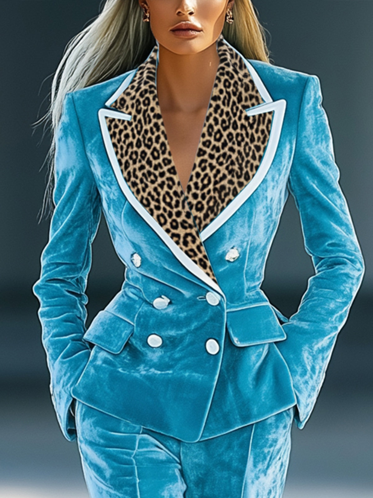 Stylish Blue Velvet Blazer With Leopard Print Lapel