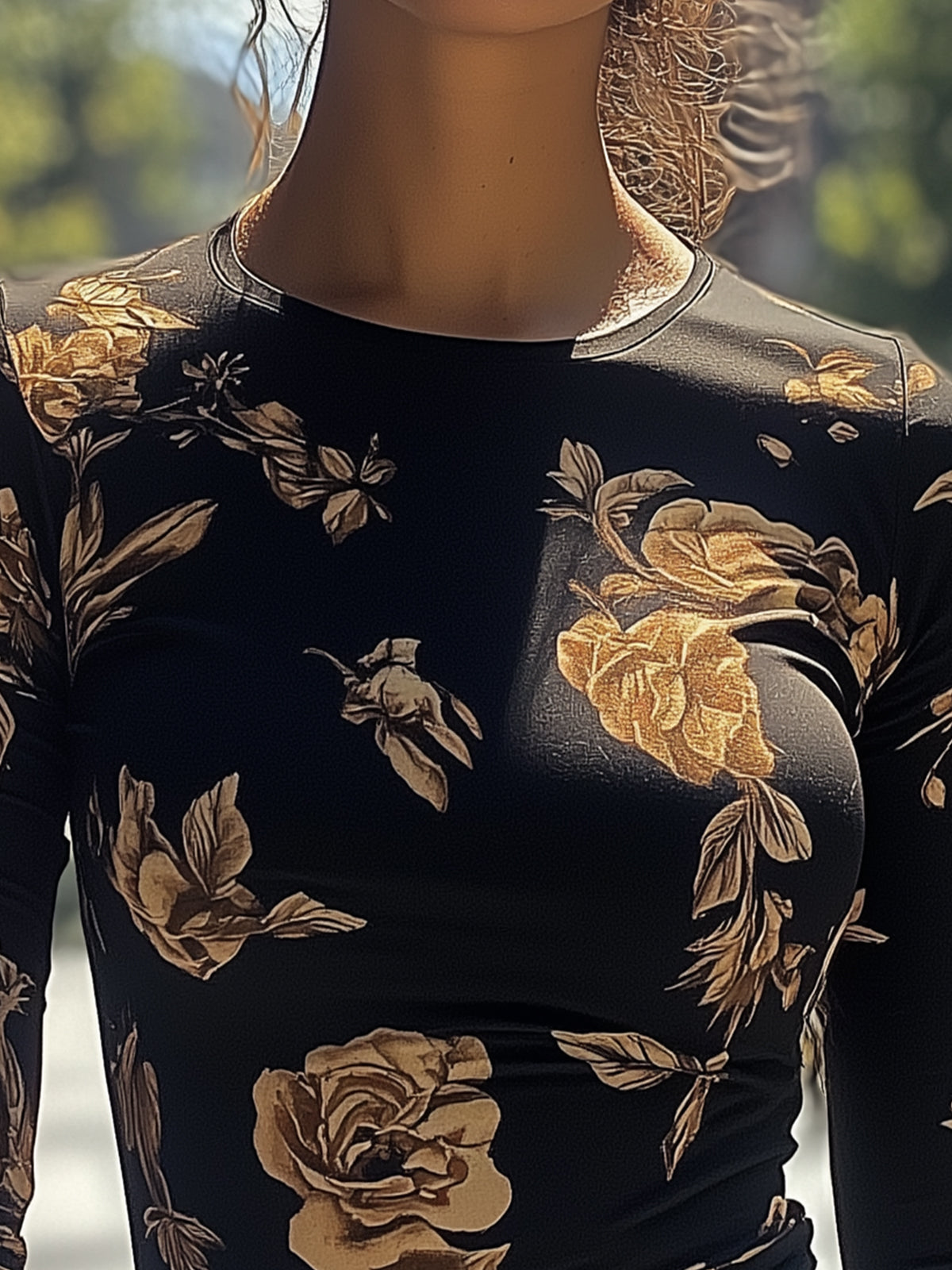 Black Crew Neck Long-Sleeve T-Shirt With Brown Floral Print