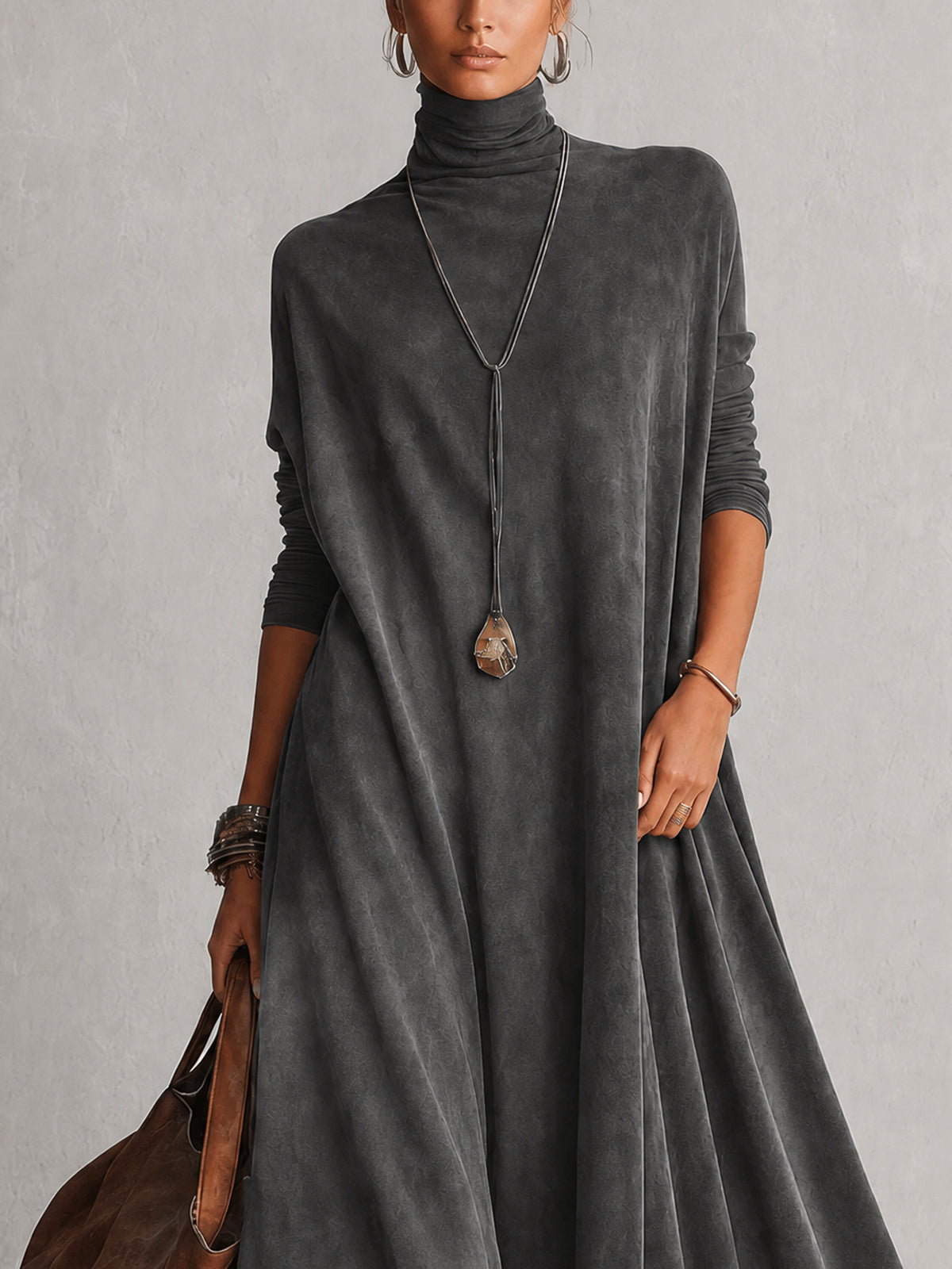 Vintage Brown Suede Feel Long Sleeve Lace Hem Maxi Dress