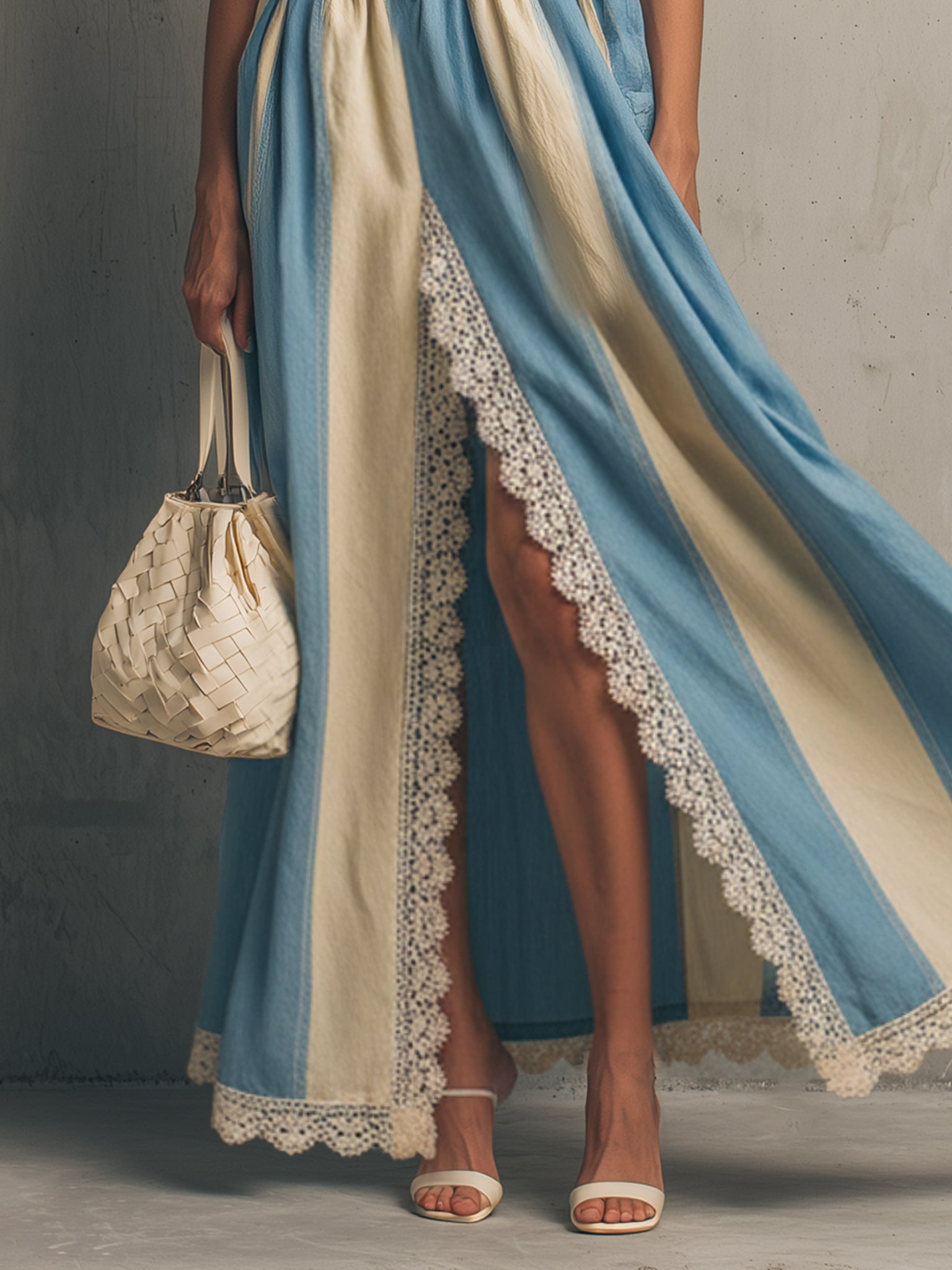 Blue Elastic Smocked Lace Trim Maxi Dress