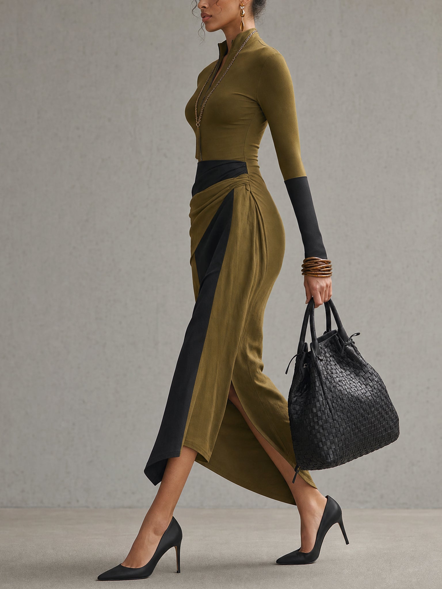 Green And Black Color Block Half Zip Bodycon Midi Dress