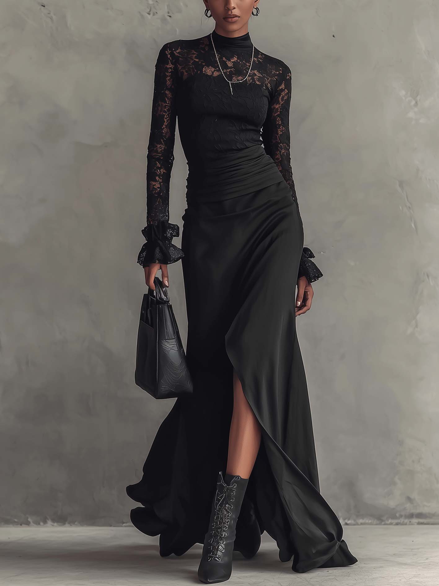 Black Lace Patchwork Ruffled Maxi Bodycon Dress With Front Slit