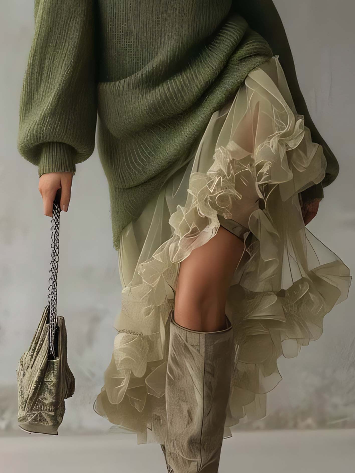 One Shoulder Green Knit Midi Dress With Organza Ruffle Hem