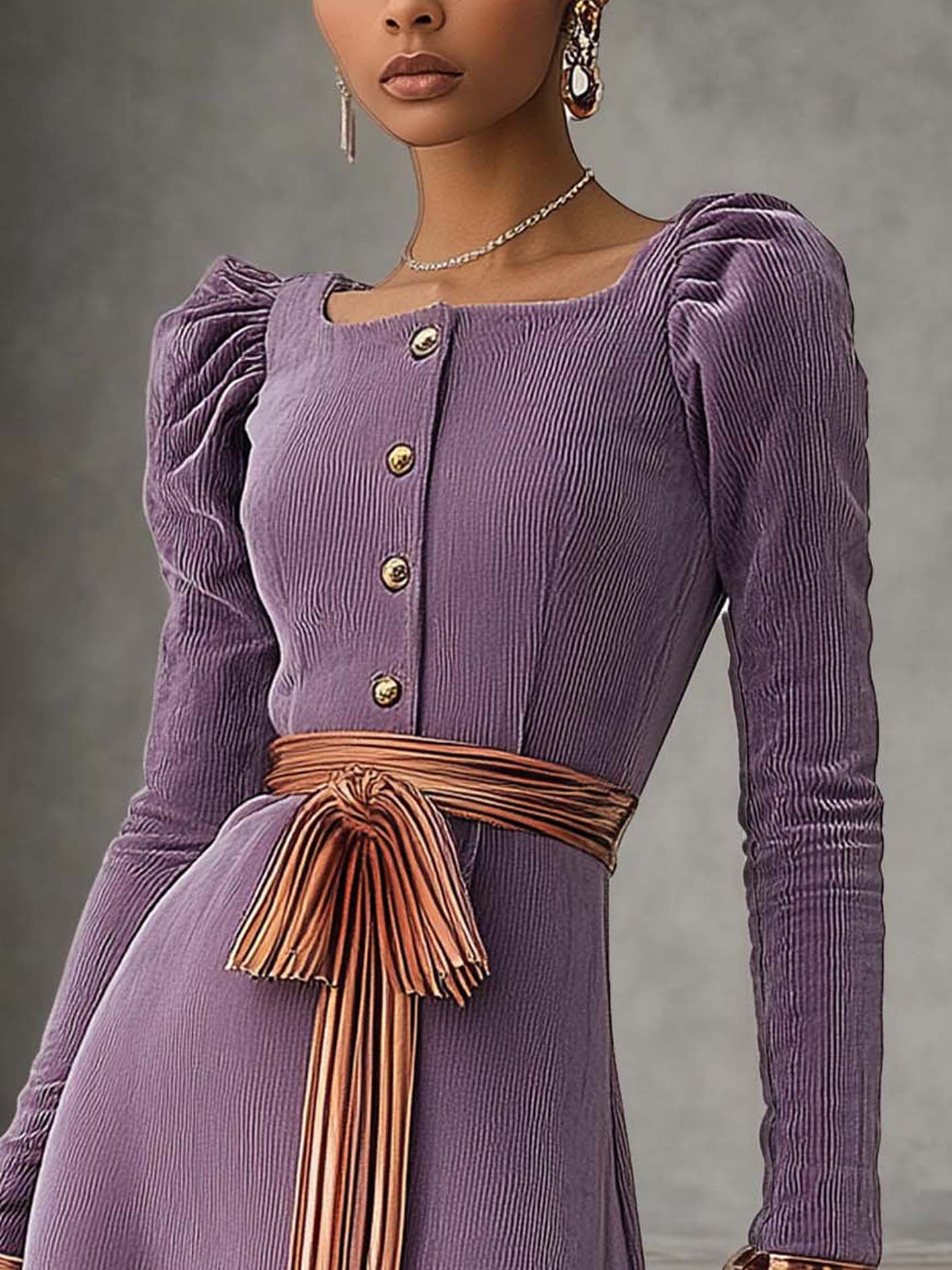 Light Purple Corduroy Mini Dress With A Champagne Belt