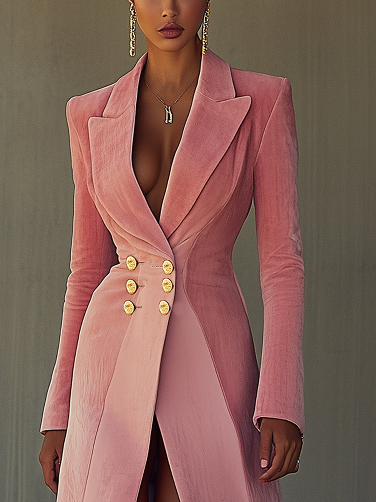 Pink Velvet And Gold Double-breasted Long Coat