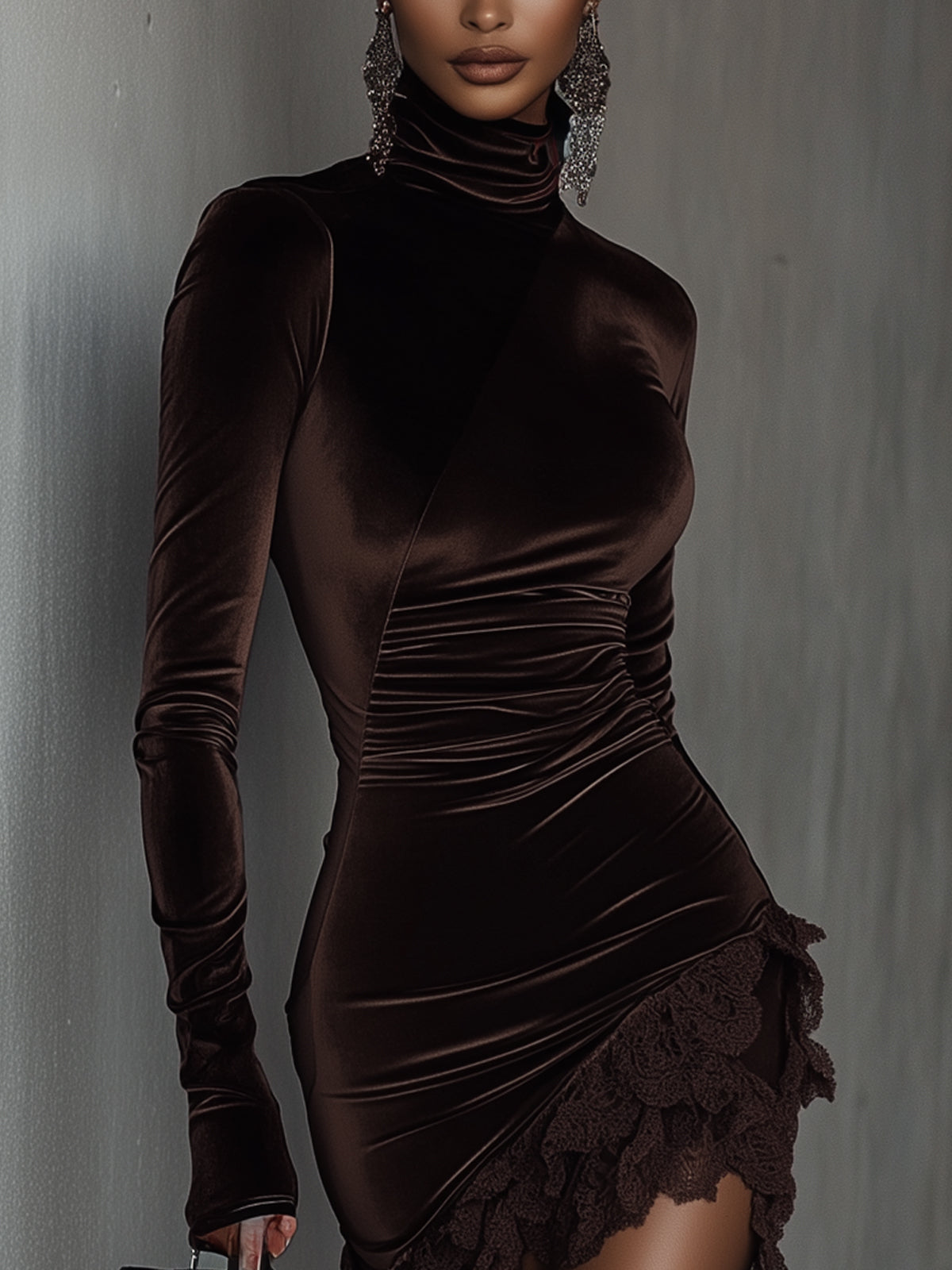 Chocolate Velvet Turtleneck Lace Hem Bodycon Dress
