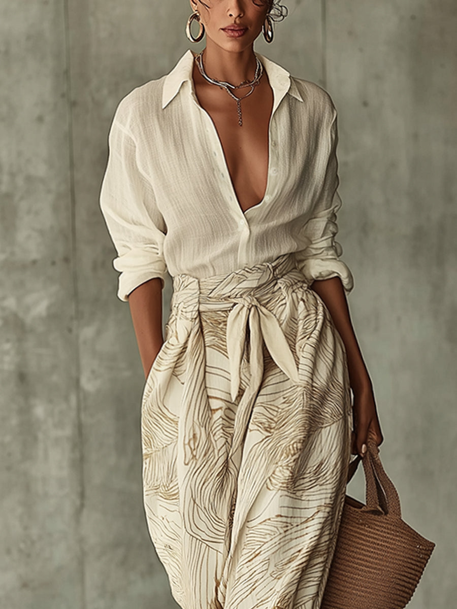 Ivory Linen Blend Shirt And Printed Wide Leg Pants Set