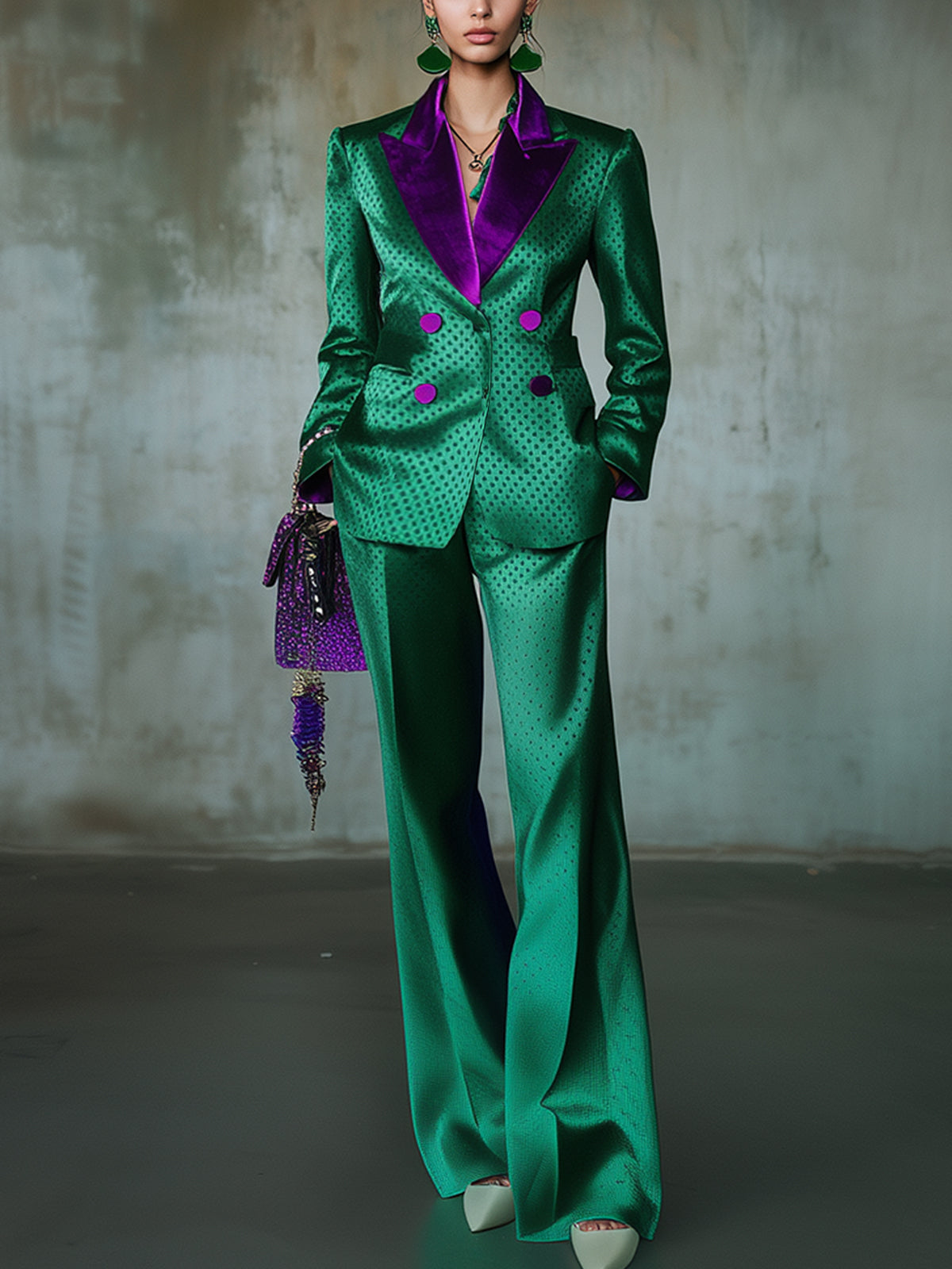 Emerald Green Polka Dot Blazer And Wide Leg Pants Suit