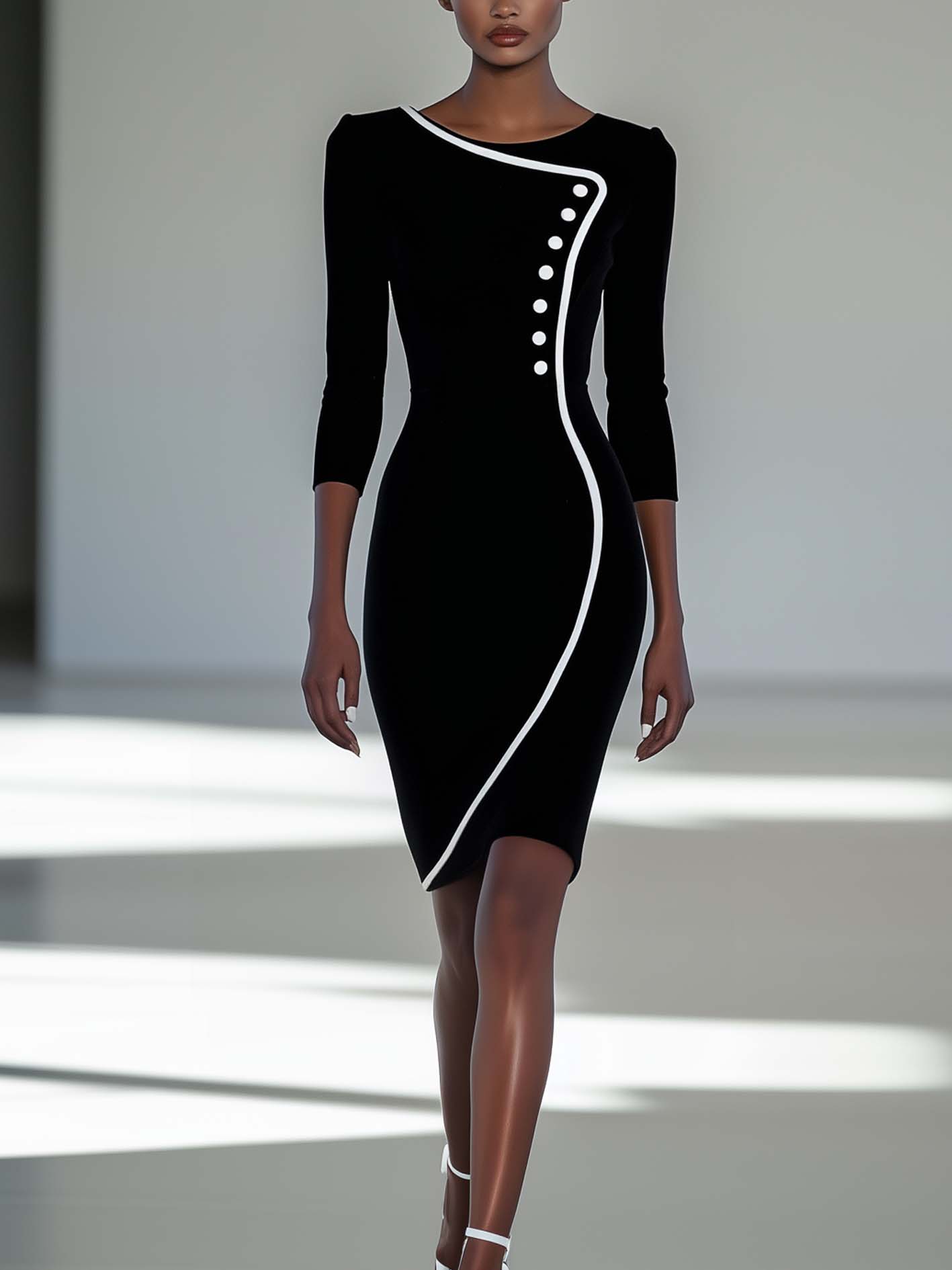 Office Lady Black Midi Bodycon Dress With White Hem