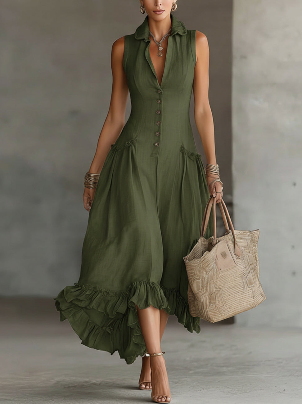 Green Sleeveless Button-Front Ruffled Hem Maxi Dress