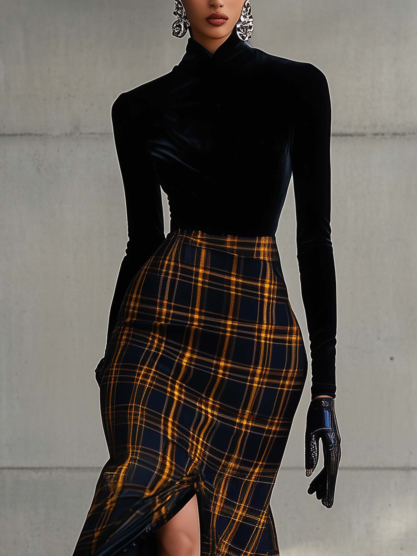 Black Velvet Bodycon Dress With Yellow Plaid