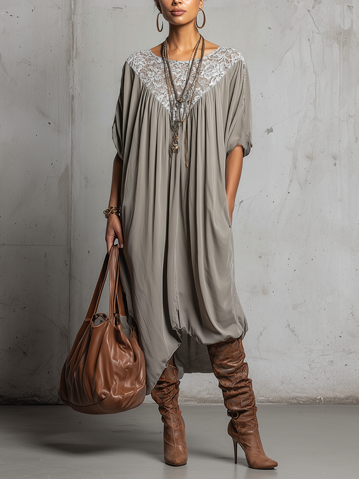 Gray Lace Yoke Draped Oversized Midi Dress