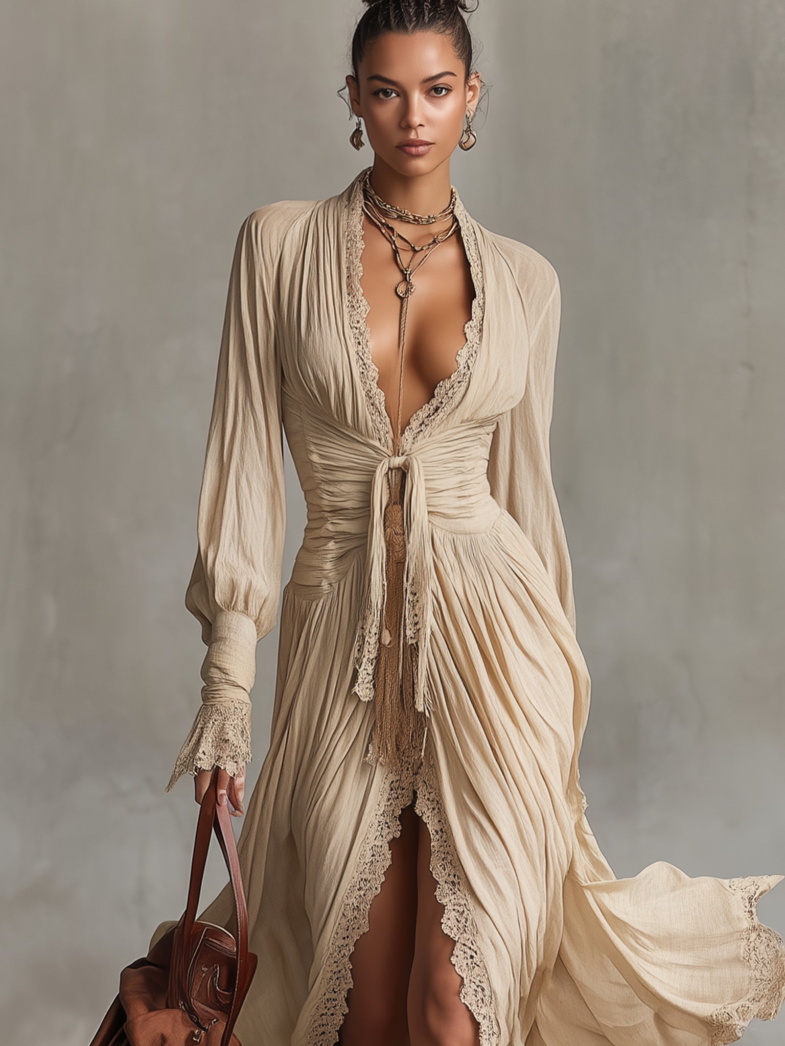 Ivory Linen Blend Lace Trim Long Dress