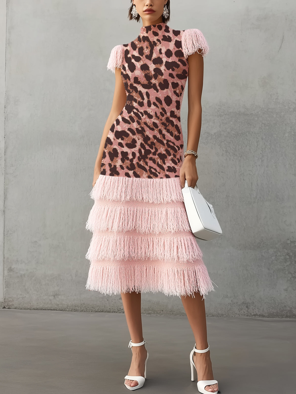 Pink Leopard Print Textured Knit Fringe Sleeve High Neck Midi Dress