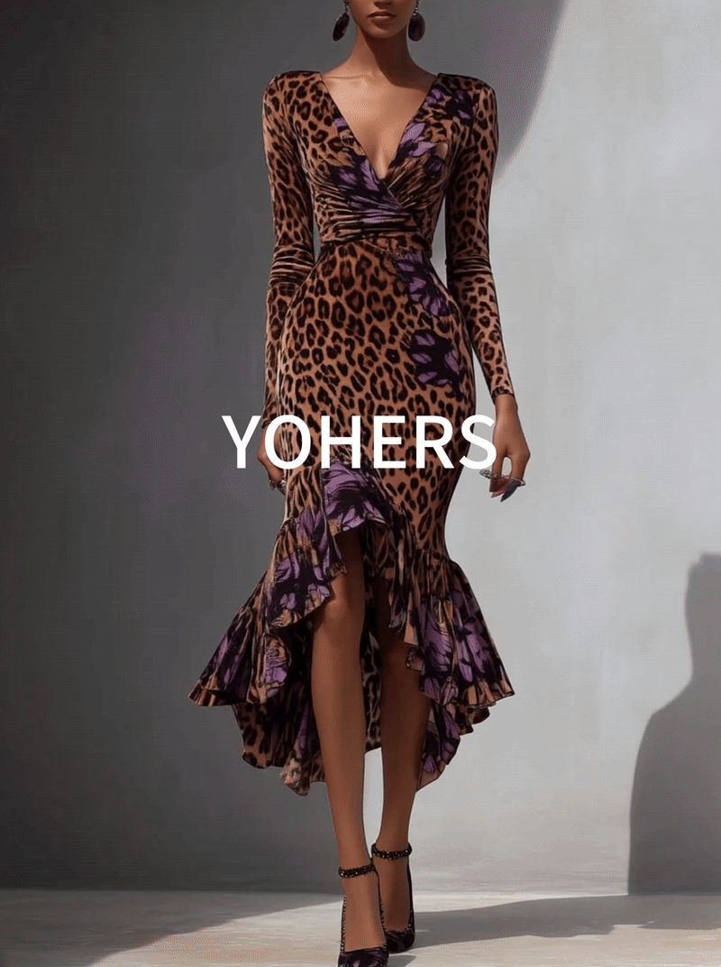 Brown Velvet Midi Bodycon Dress With Purple Flowers And Leopard Print Ruffles