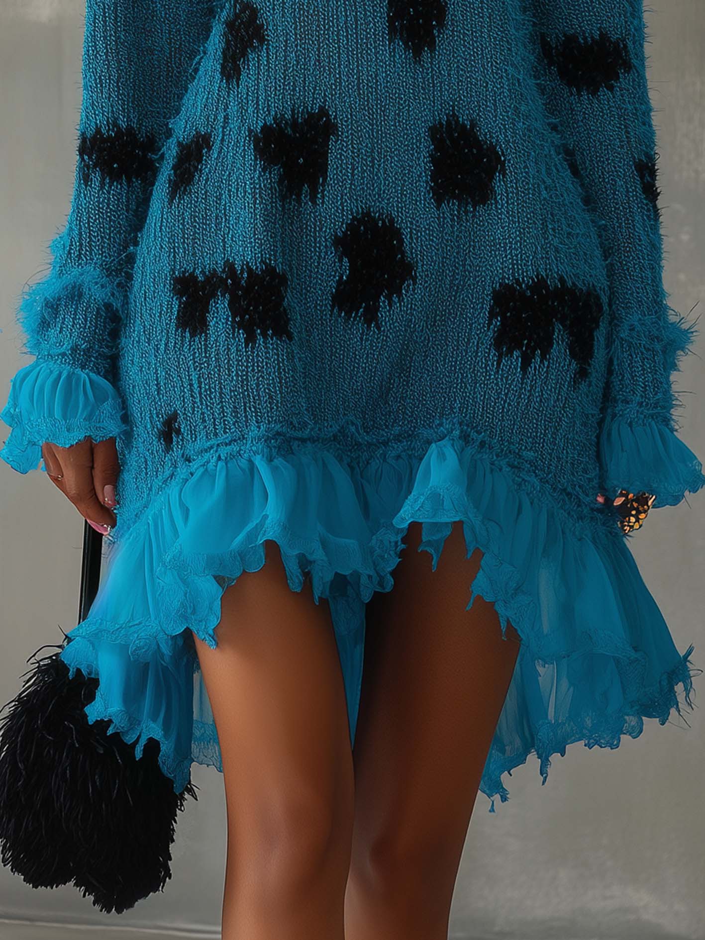 Cyan Knitted Mini Dress With Black Irregular Polka Dots