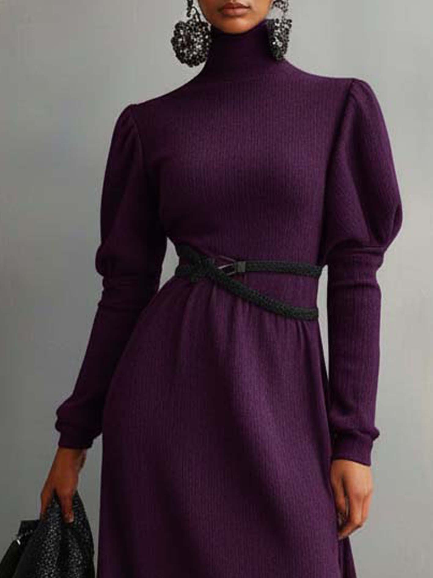 High-neck Purple Knitted Midi Dress With Black Belt