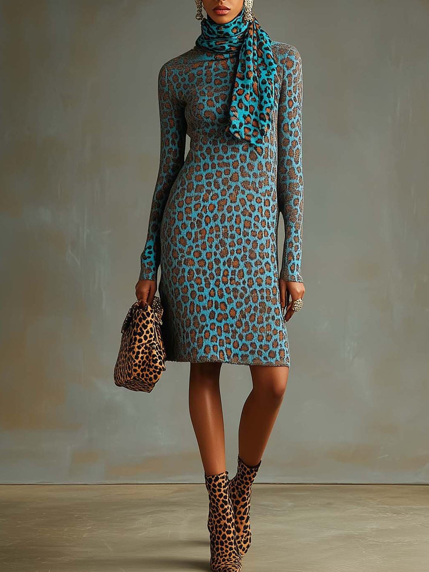 Teal Knitted Midi Dress With Leopard Print And Scarf Neckline