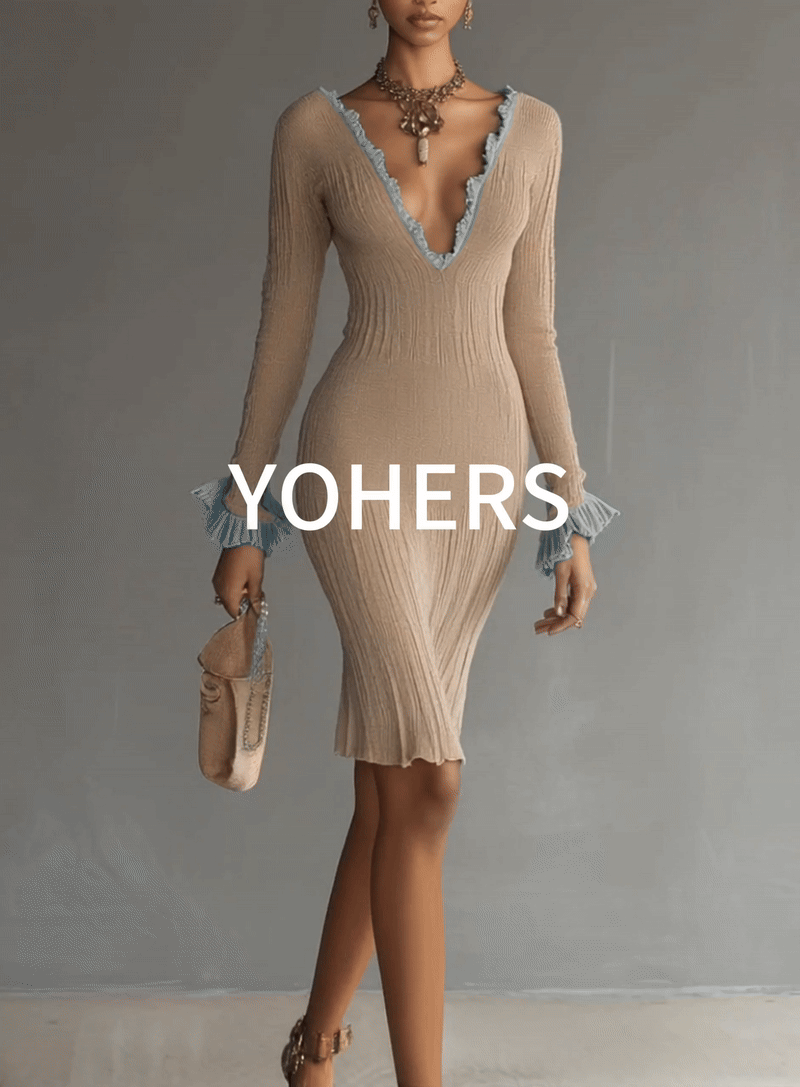 Oatmeal Knit Bodycon Dress With Teal Ruffle Trim