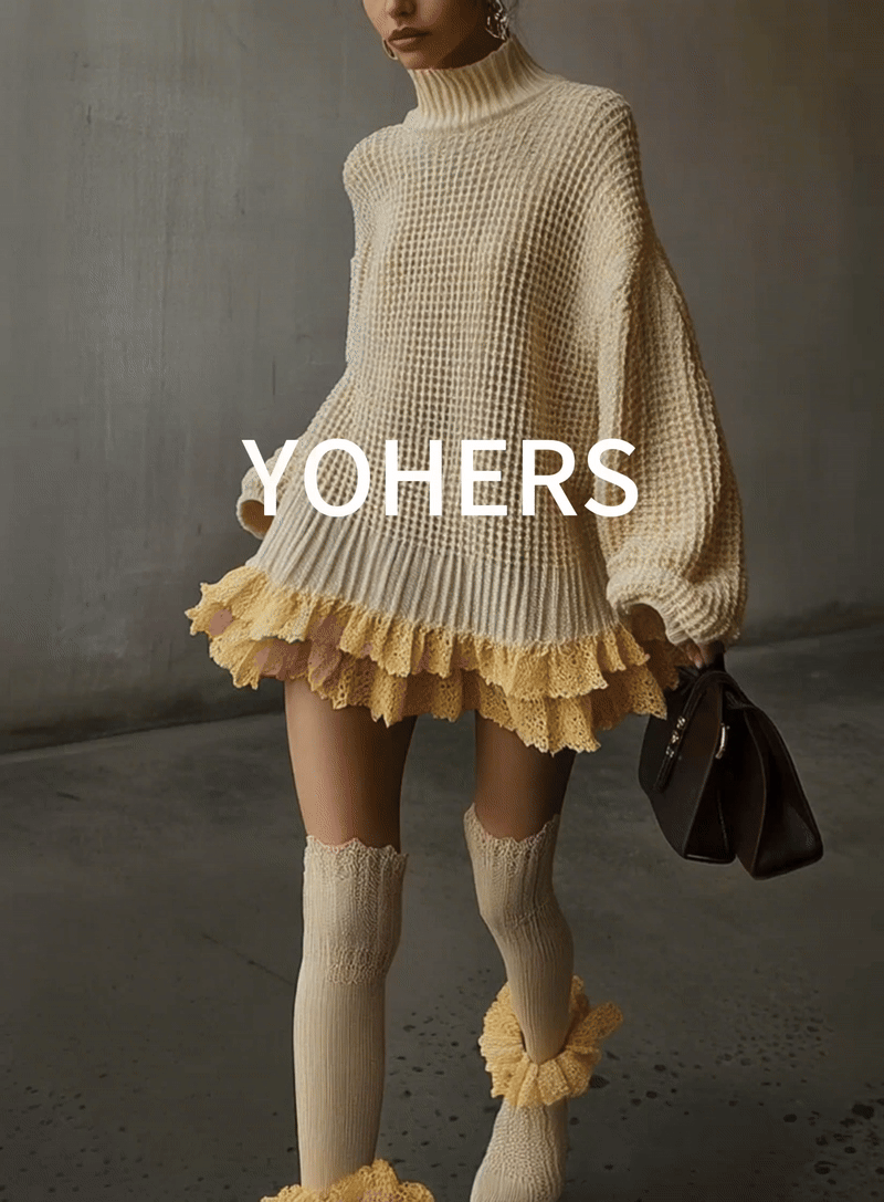 Beige Knitted Mini Dress With Yellow Lace Trim