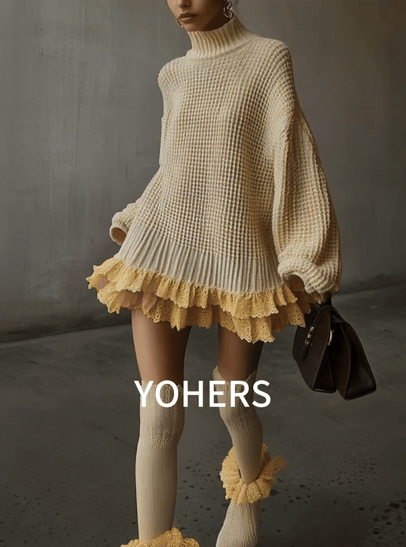 Beige Knitted Mini Dress With Yellow Lace Trim
