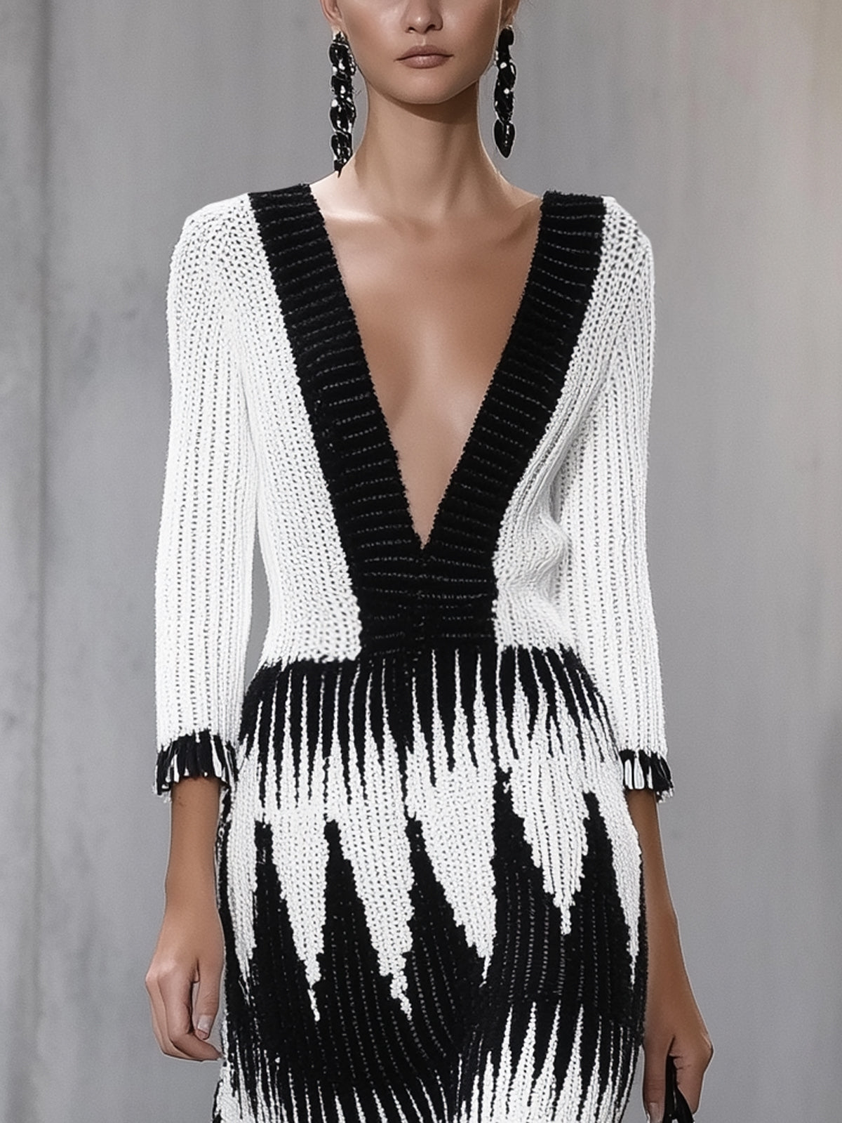 Black And White Knit Bold Contrast Deep V-Neck Three Quarter Sleeve Midi Dress