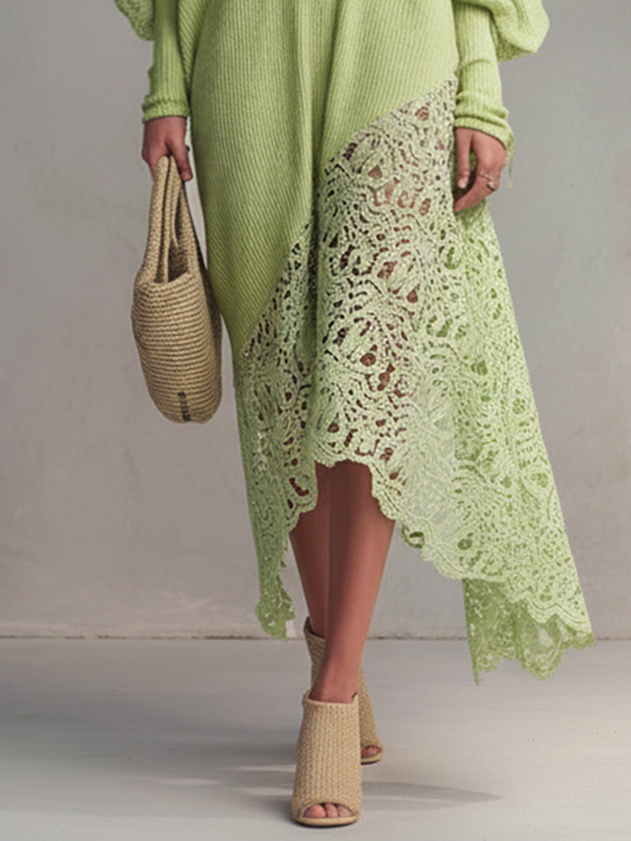 Green Off Shoulder Knitted Lace Long Sleeve Maxi Dress