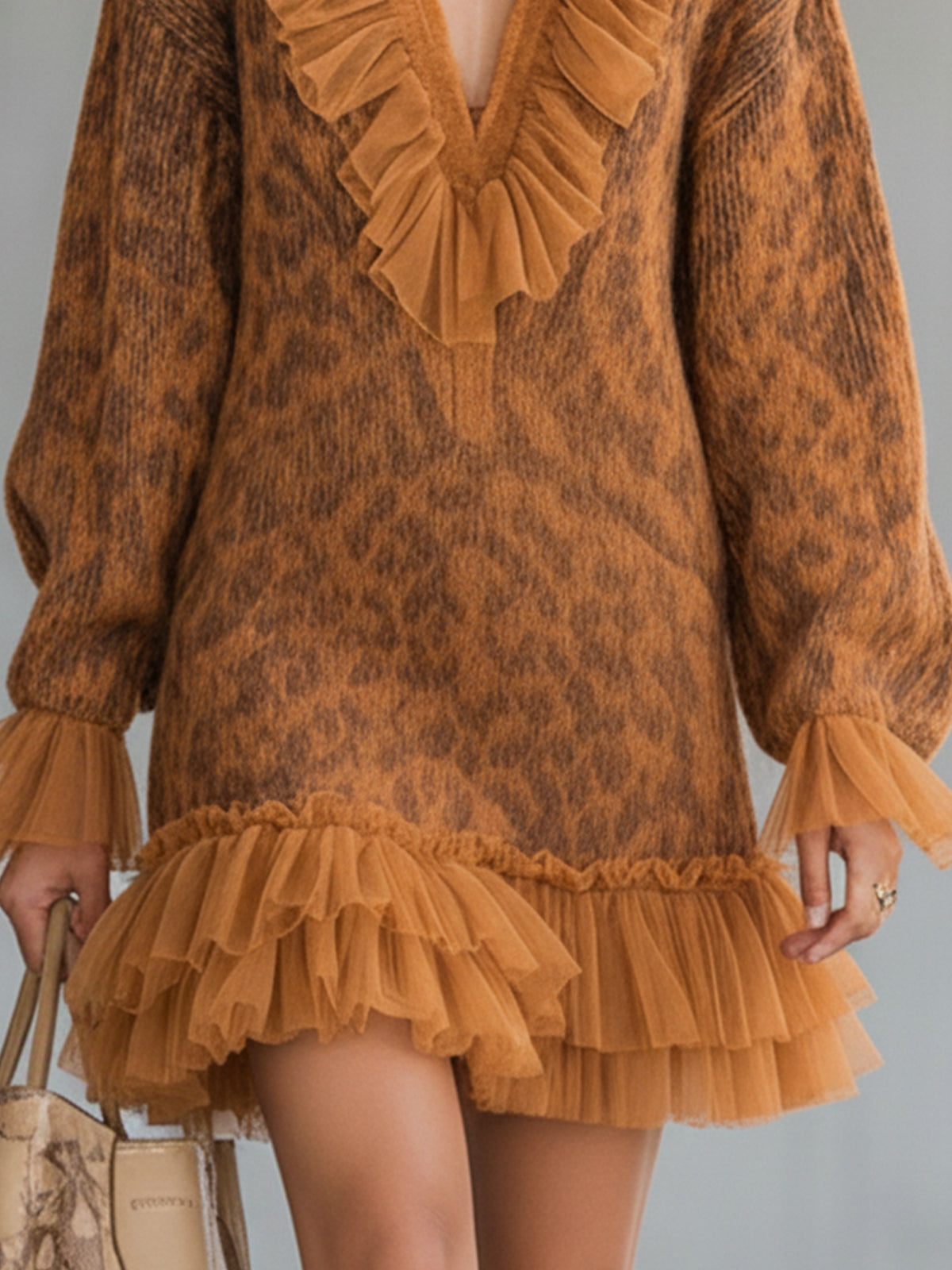 Orange Leopard Knit Mini Dress With Tulle Ruffle Trim