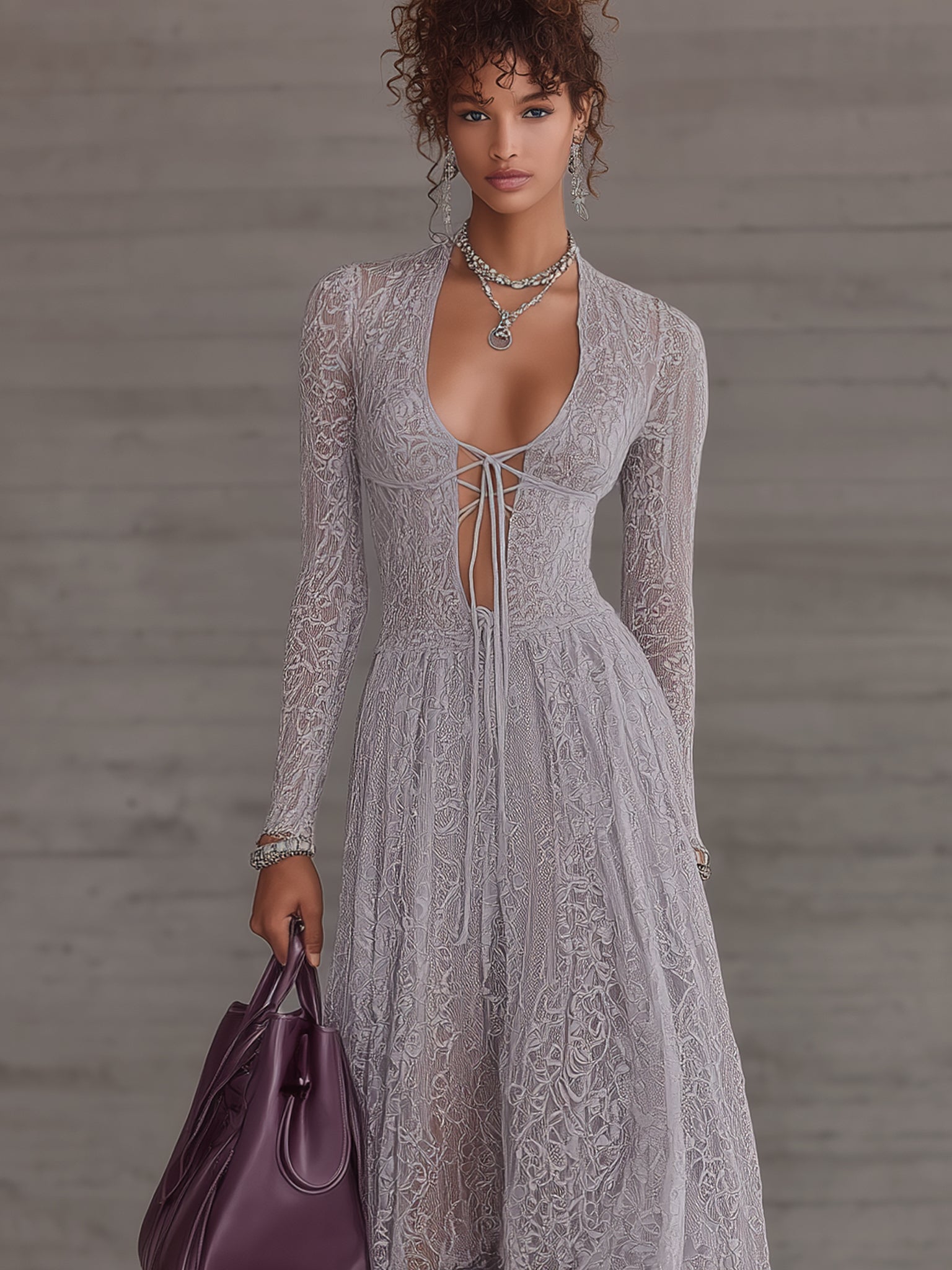 Lavender Lace Long Sleeve Tie-Front Maxi Dress