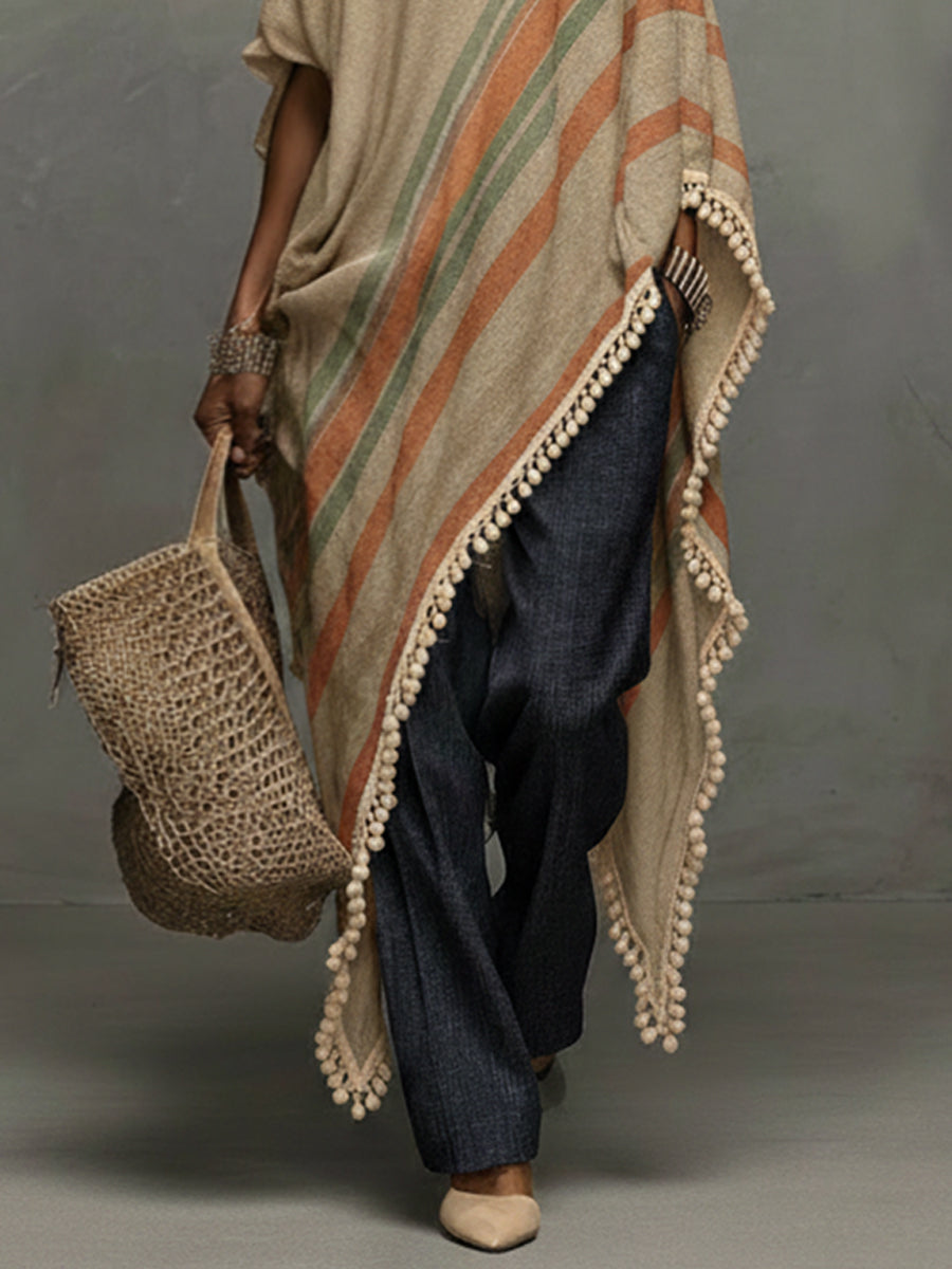 Khaki Linen Blend Printed Off Shoulder Dress With Fringe Hem