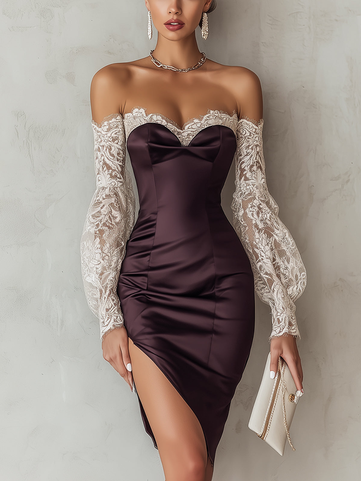 Burgundy Satin Off Shoulder Lace Sleeve Midi Dress