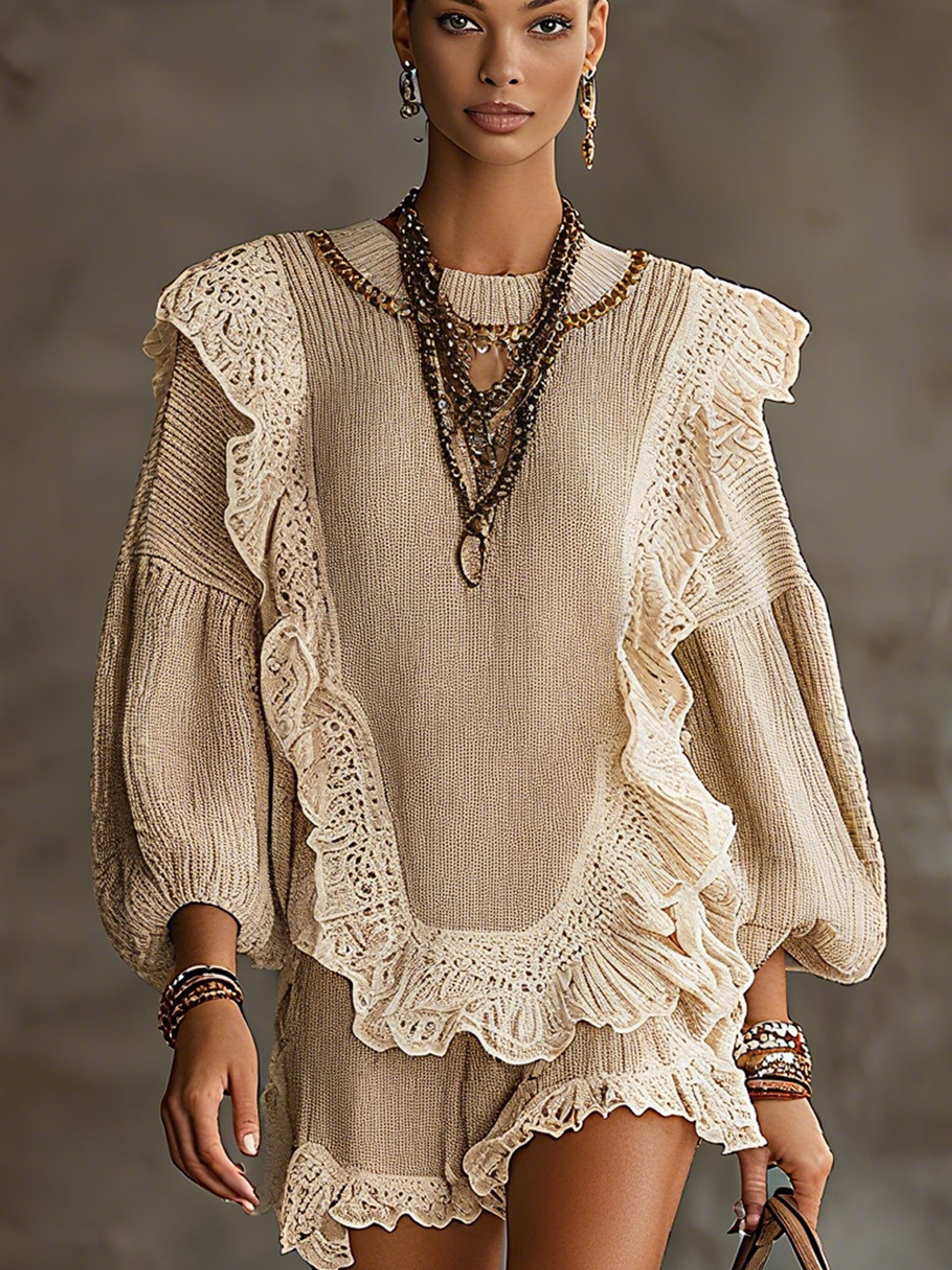 Beige Ruffled Knit Lace Long Sleeve Mini Dress