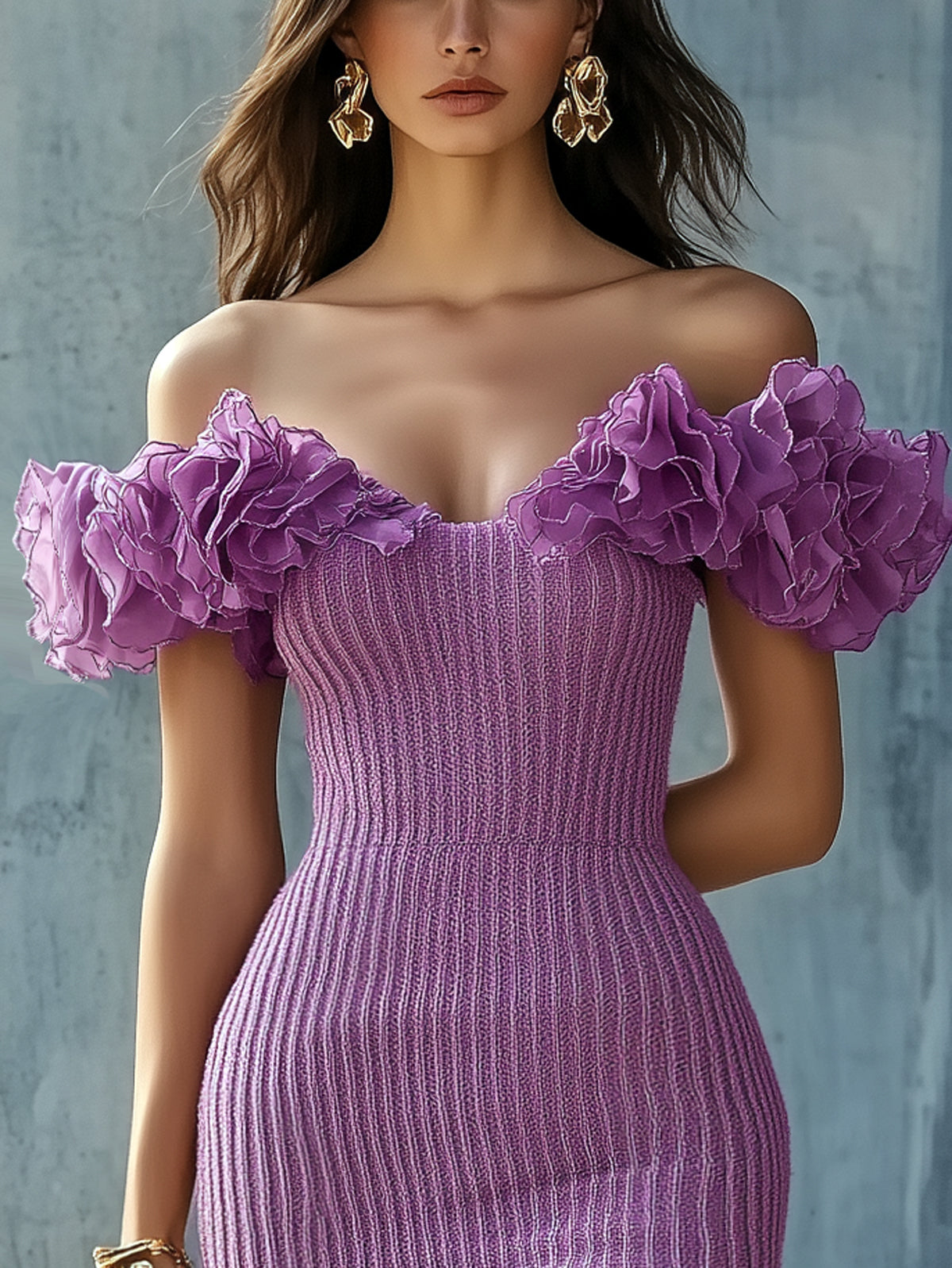 Purple Ribbed Knit Ruffle Off Shoulder Short Bodycon Dress