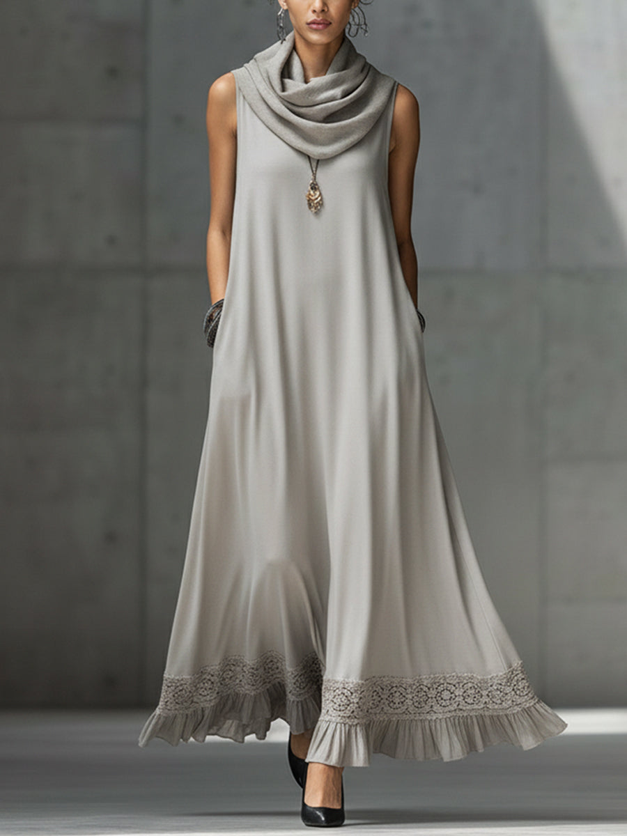 Gray Satin Soft Drape Collar Maxi Dress With Lace Trim