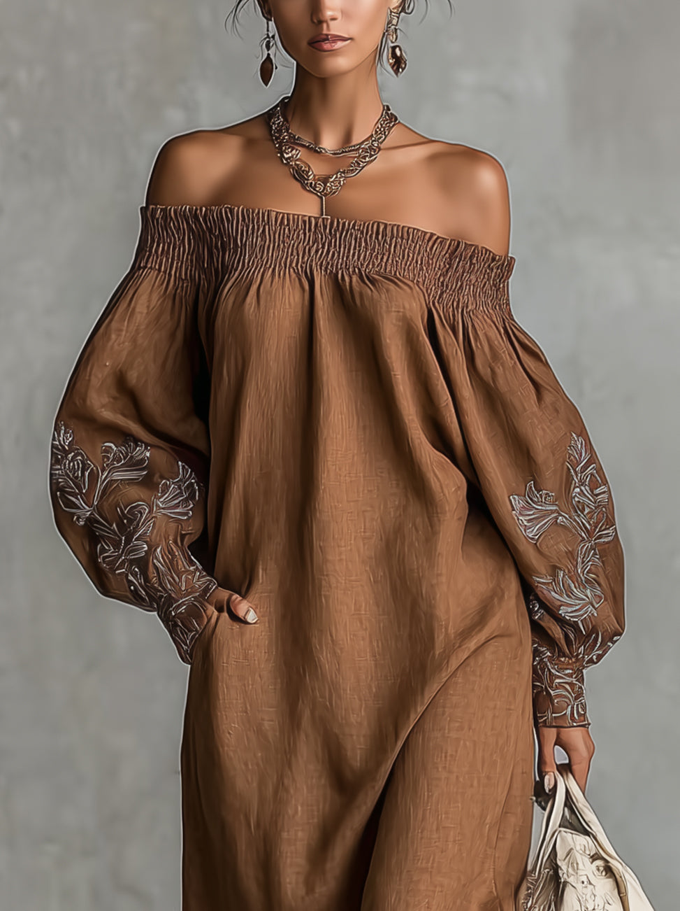 Brown Off-Shoulder Embroidered Long Sleeve Linen Maxi Dress