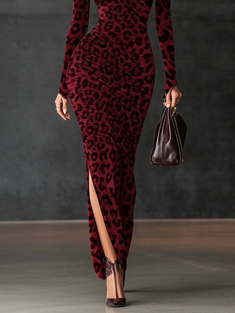 Burgundy Velvet Leopard Print Turtleneck Bodycon Dress