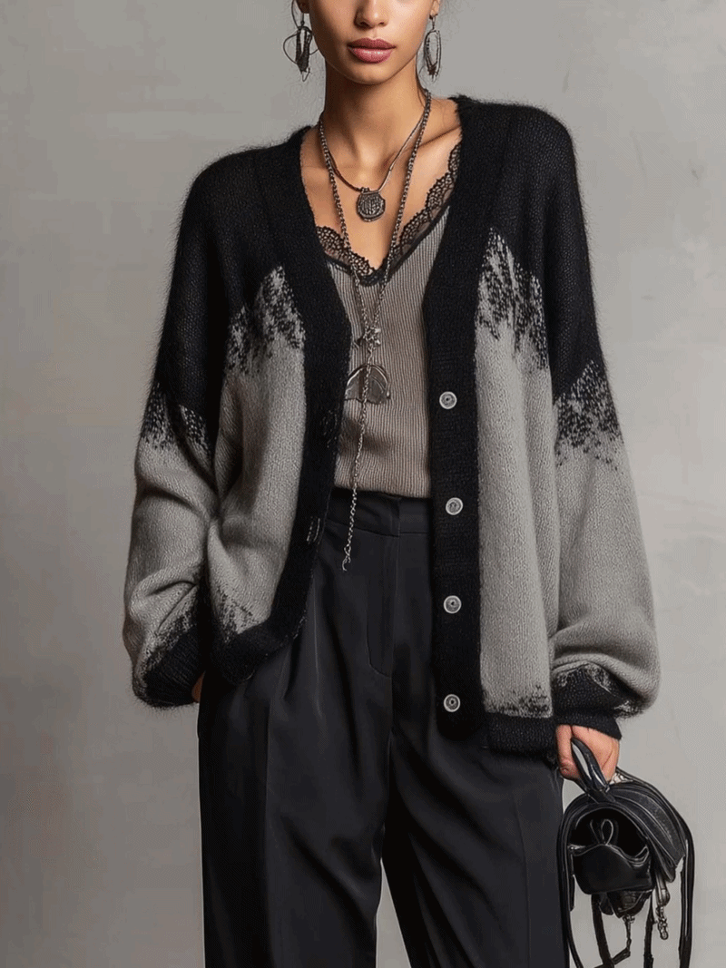Gray And Black Color Block Knit Cardigan With Balloon Sleeves