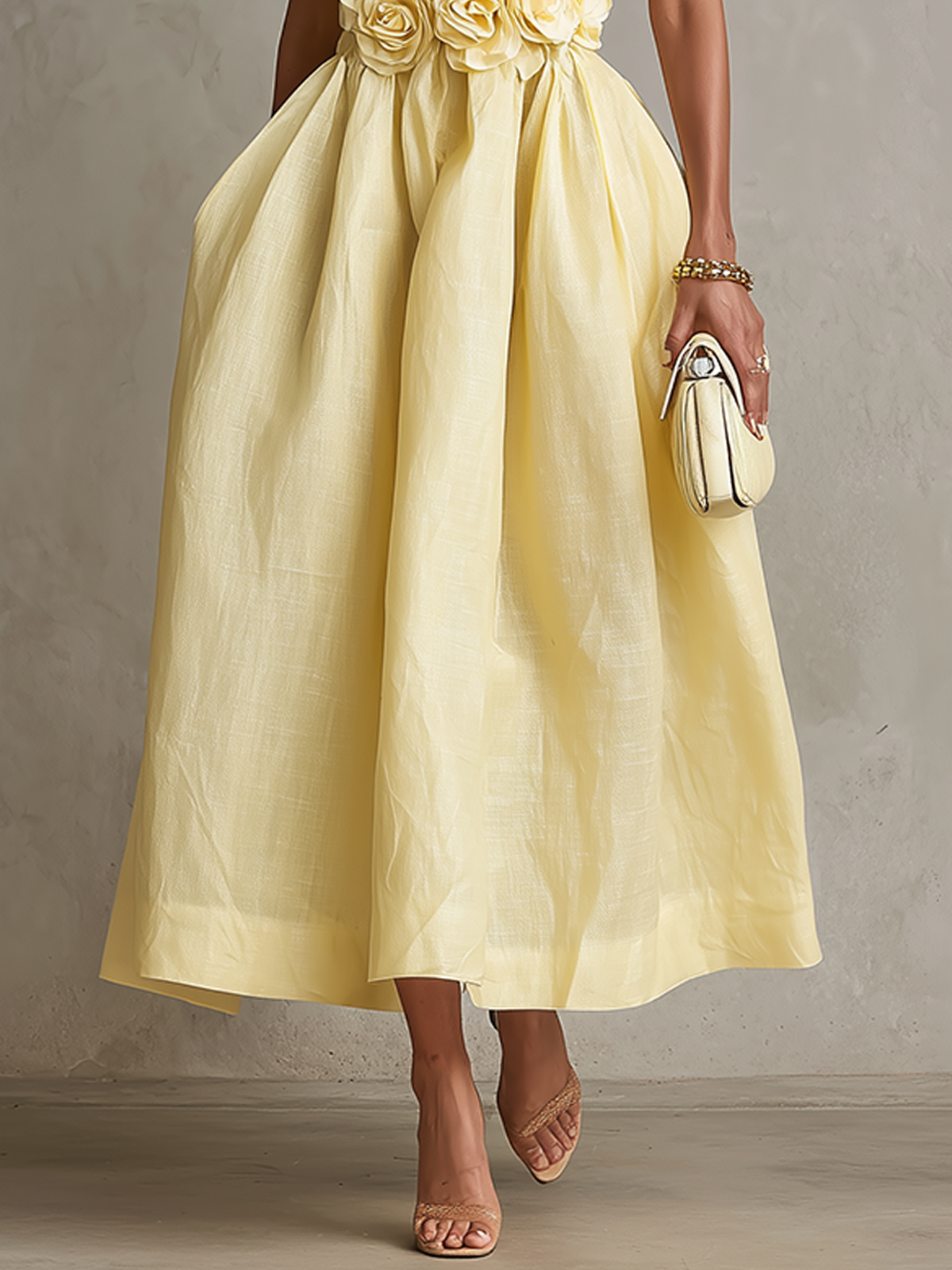 Yellow Strapless Floral Applique Midi Dress