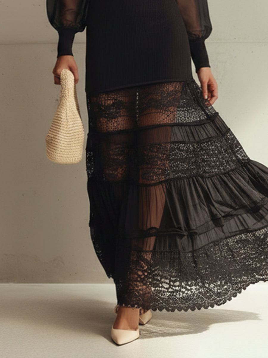 Black V-Neck Knit Chiffon Lace Maxi Dress