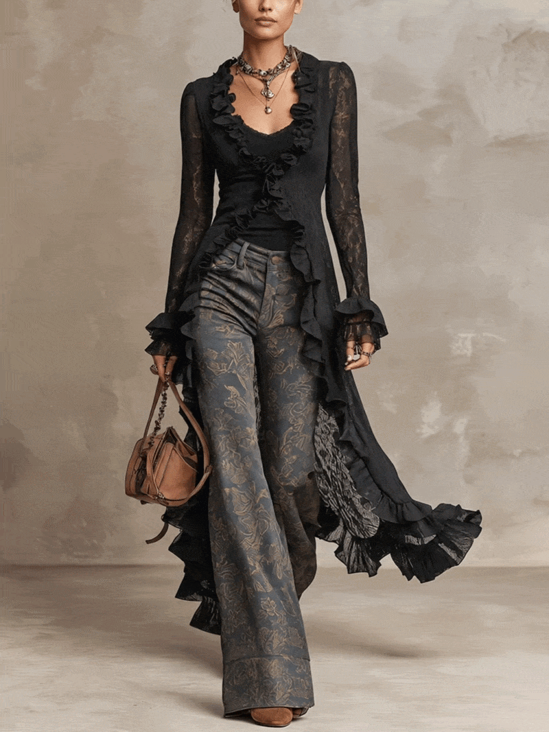 Black Sheer Floral Lace Longline Ruffle Blouses