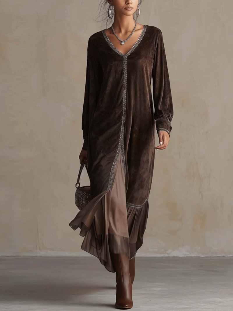 Chocolate Brown Velvet Maxi Dress With Shimmer Trim And Chiffon Ruffle Hem