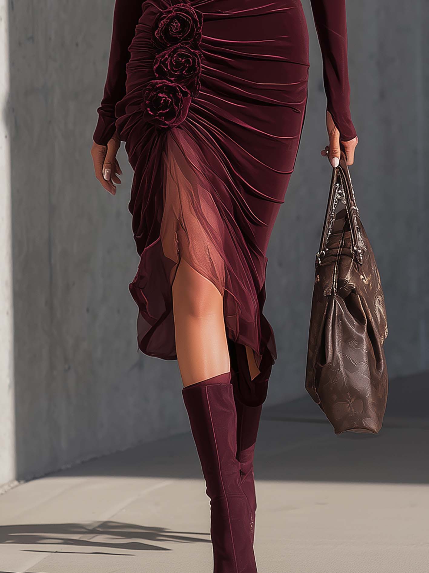 Burgundy Velvet Bodycon Dress 3D Flower With Organza Patchwork