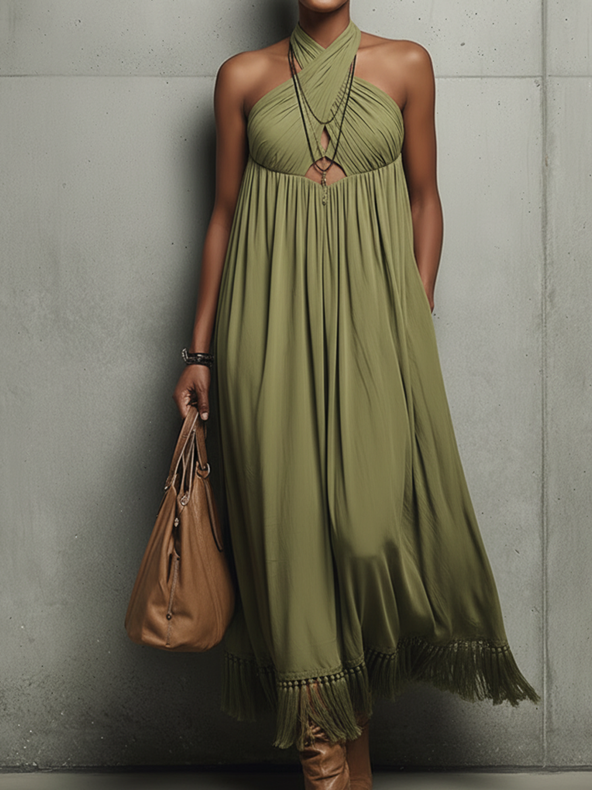 Olive Green Halter With Tassel Hem Maxi Dress