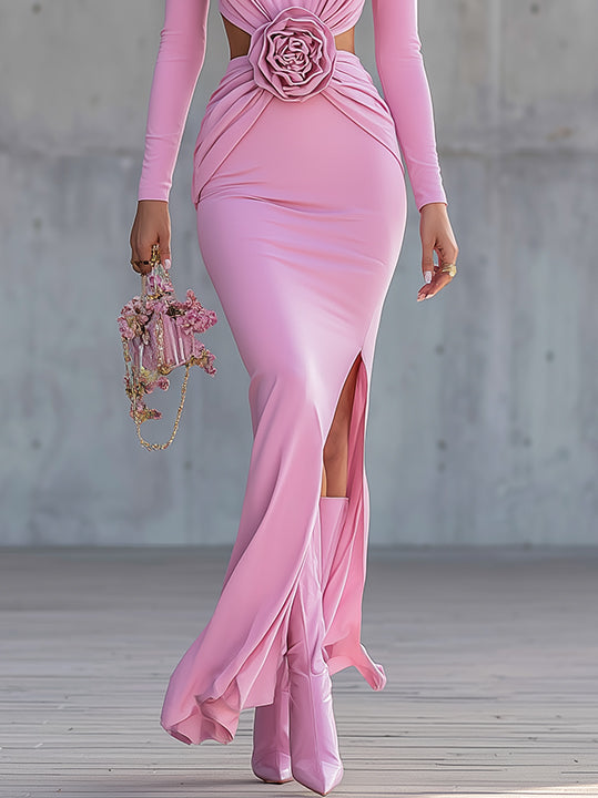Pink Draped Cutout Maxi Dress With Rosette Waist Detail