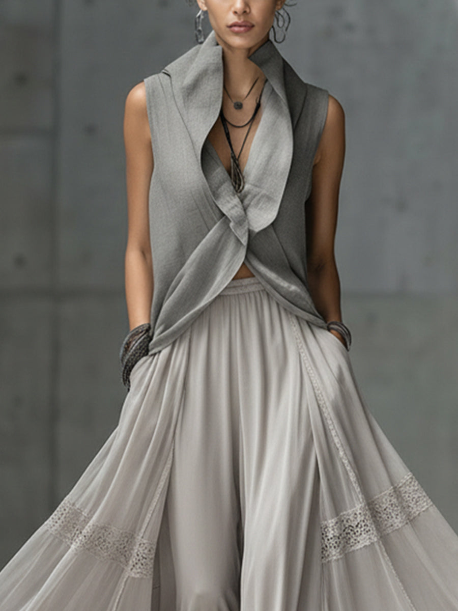 Gray Linen Blend V-Neck Draped Top And Chiffon Lace Skirt Set
