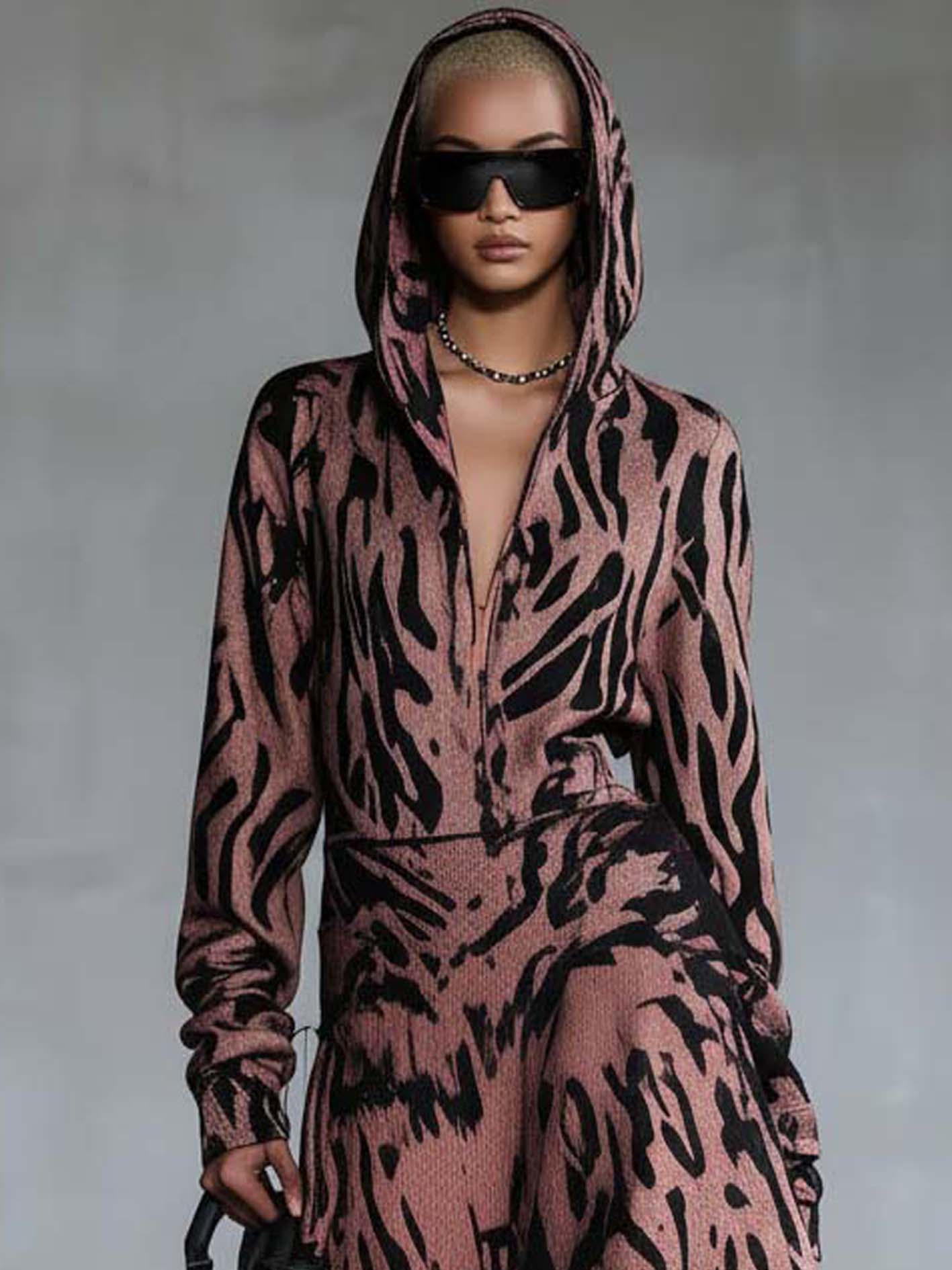 Pink Hooded Sweatshirt Midi Dress With Ruffles And Print